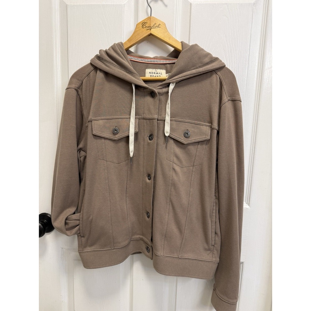 The Normal Brand Fleece Button Up Hooded Jacket Tan Pockets Cozy Layer Women's S